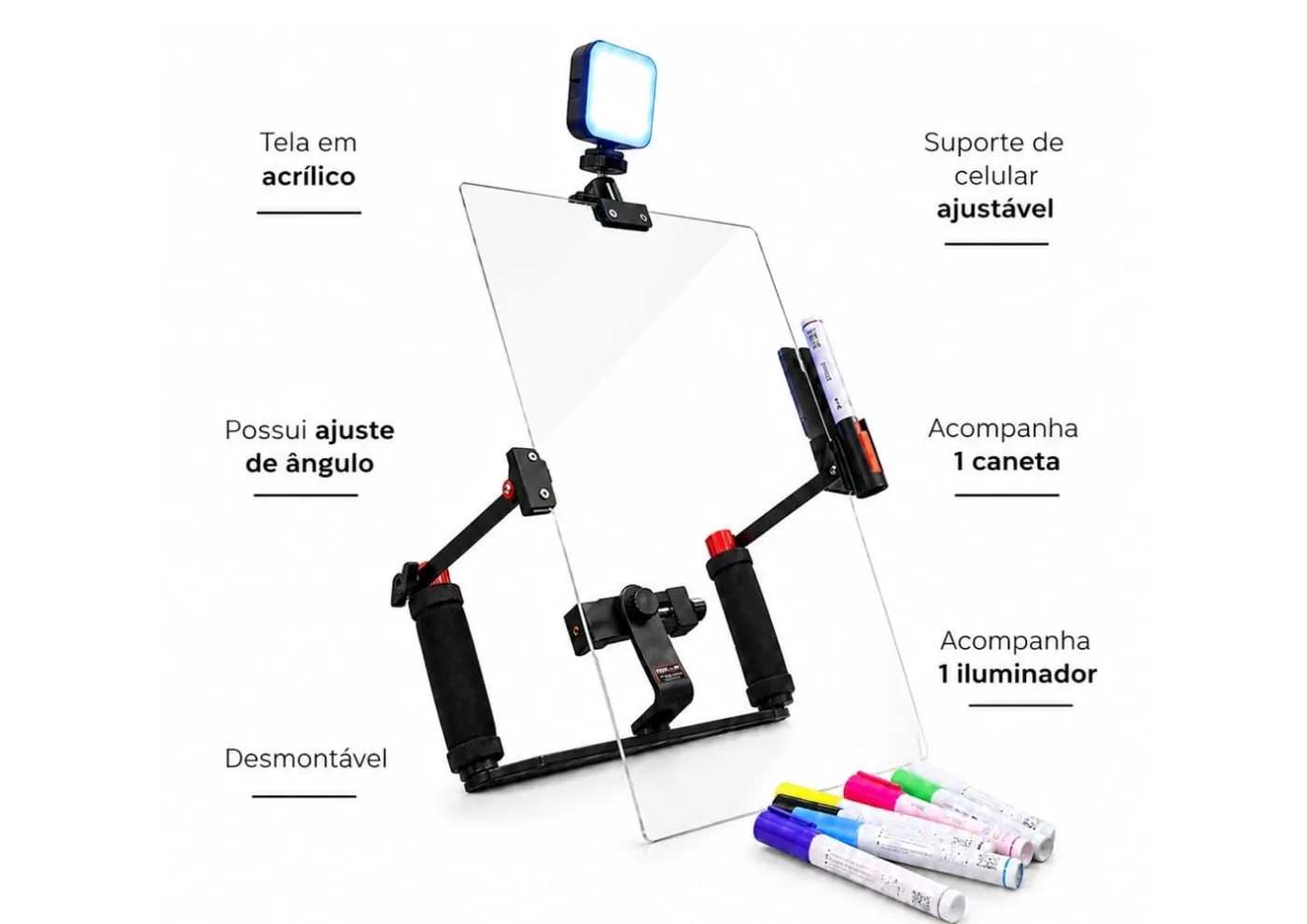 Autógrafo Móvel da Tekks: tela em acrílico com suporte de celular e canetas